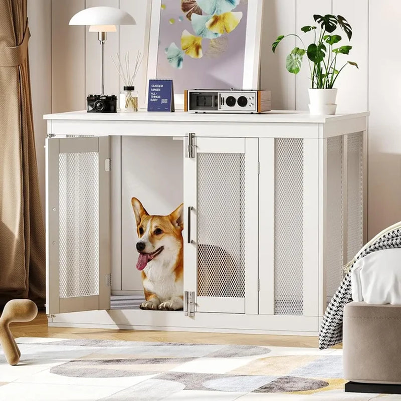 Tower Dog House Furniture with Mats, Double Door, Wooden Kennel Table, End Table Dog House Furniture, Indoor Dog Cage