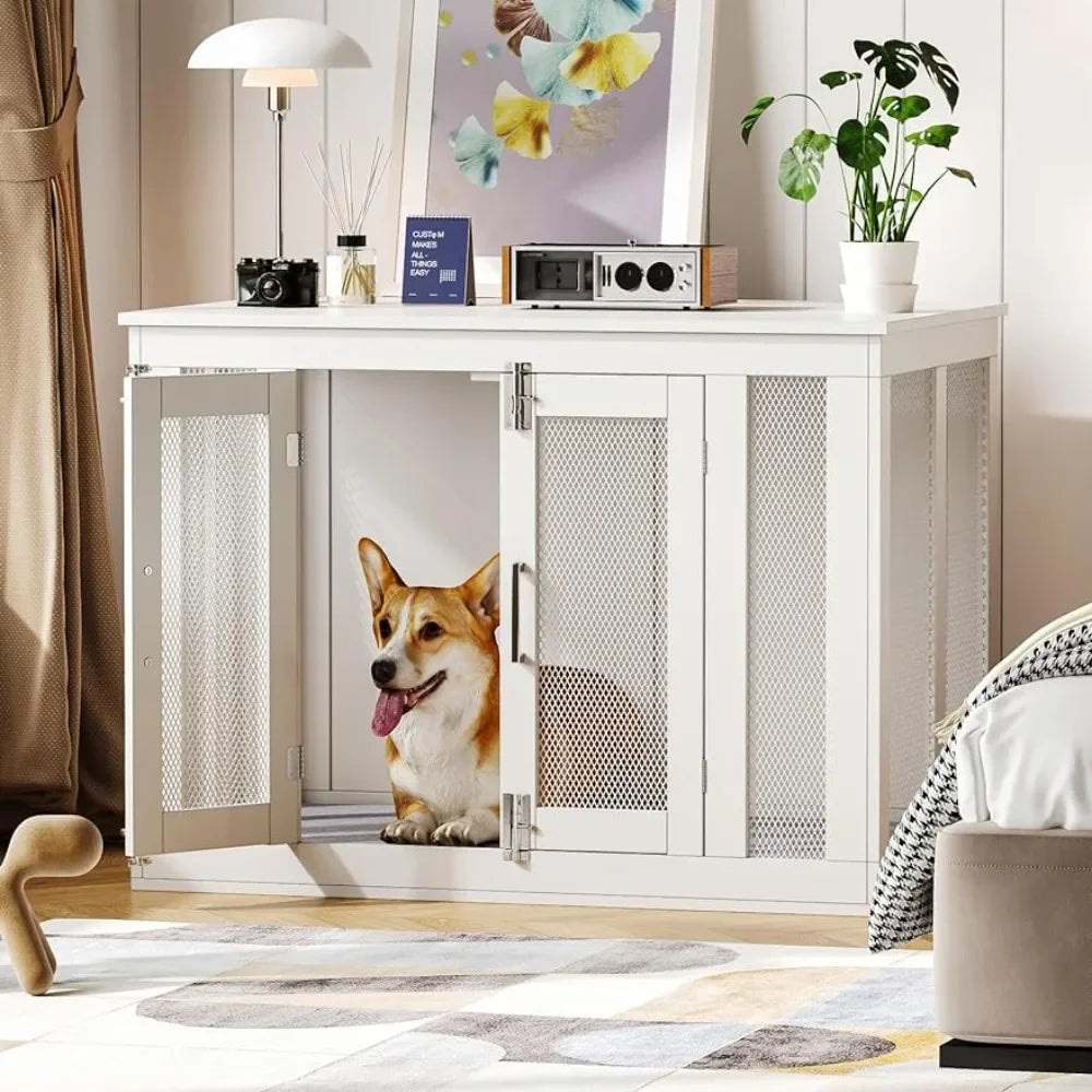 Tower Dog House Furniture with Mats, Double Door, Wooden Kennel Table, End Table Dog House Furniture, Indoor Dog Cage